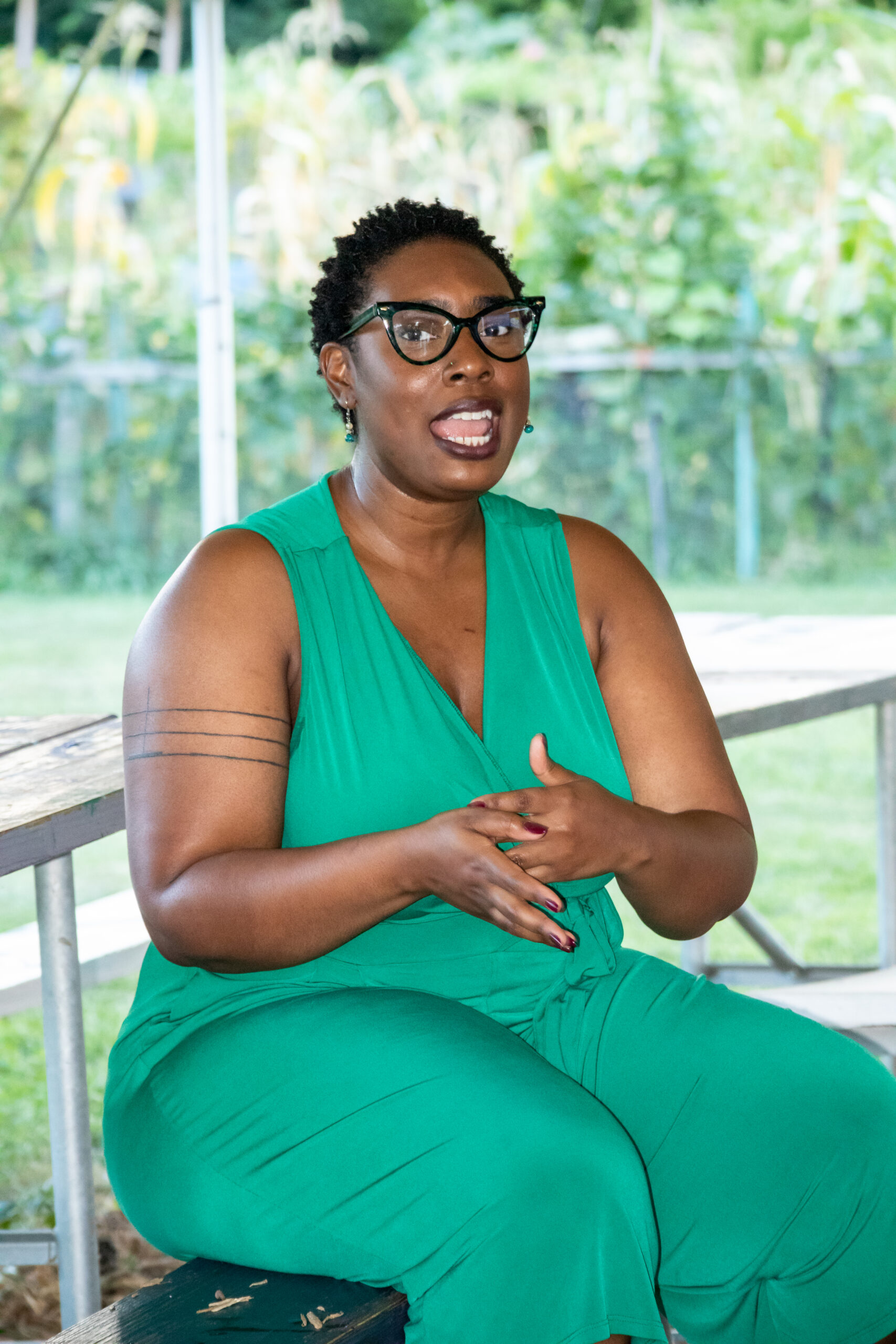 Qwantese Dourese Winters kicked off her 2023 residency with a tour of Troy Farm on Sept. 1, 2023. Attendees learned more about her journey and discovered this urban working farm.